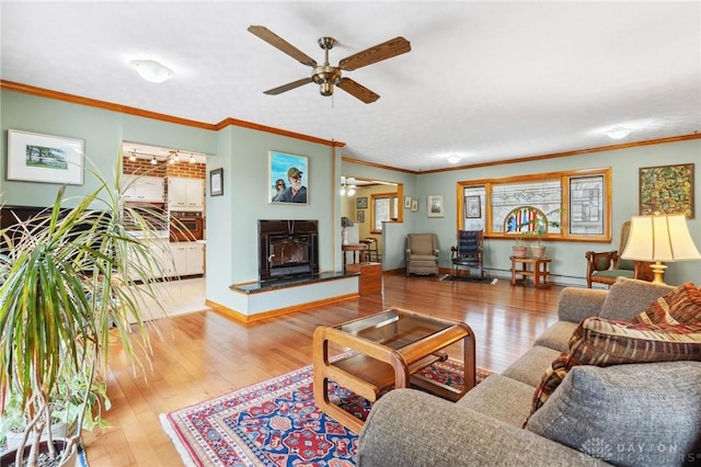 living room featuring a fireplace with raised hearth, wood finished floors, and crown molding