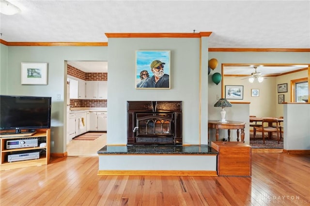 living area featuring light wood-type flooring, baseboards, and ornamental molding