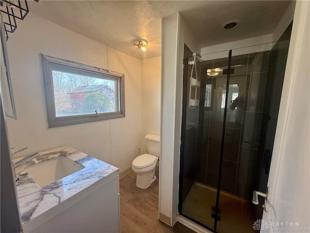 bathroom with vanity, toilet, wood finished floors, and a stall shower