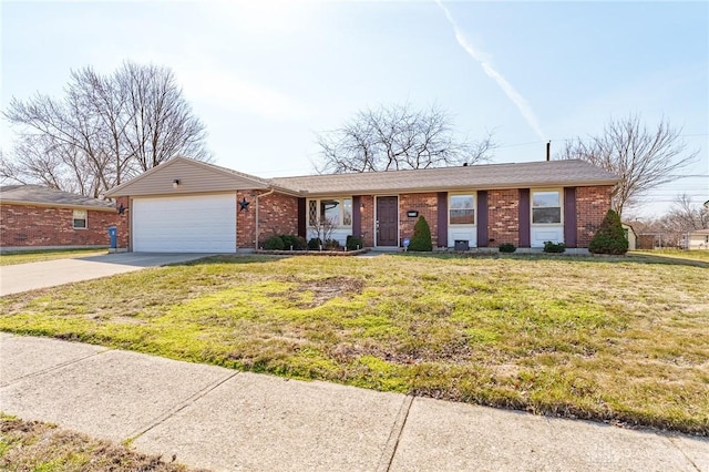 ranch-style house with a garage, brick siding, concrete driveway, and a front yard