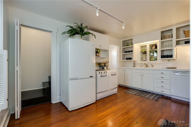 kitchen with dark wood-type flooring, light countertops, white cabinets, white appliances, and open shelves