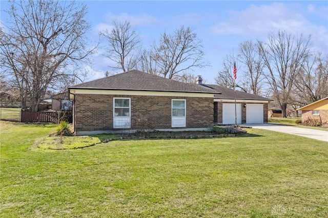 ranch-style house featuring brick siding, a garage, concrete driveway, and a front lawn