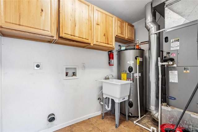 laundry area featuring electric dryer hookup, washer hookup, heating unit, water heater, and cabinet space