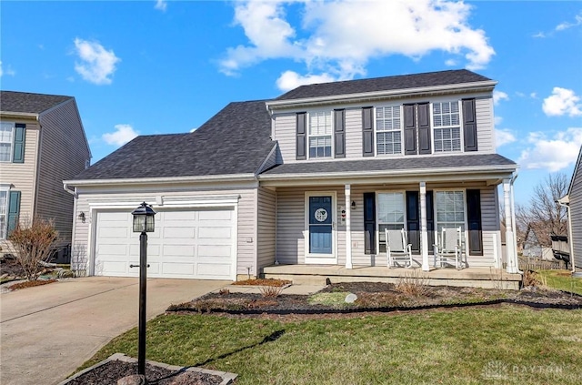 view of front of home featuring a porch, an attached garage, a shingled roof, concrete driveway, and a front lawn