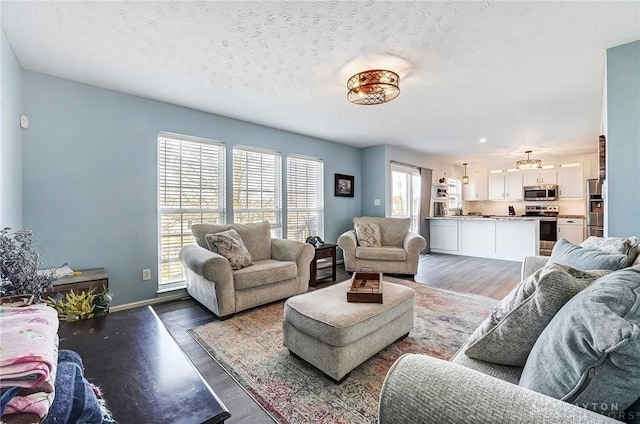 living room featuring wood finished floors, baseboards, and a textured ceiling