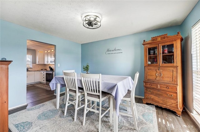 dining room featuring light wood-style flooring, baseboards, and a textured ceiling