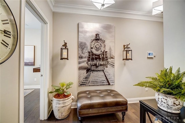 hall with wood finished floors, baseboards, and ornamental molding