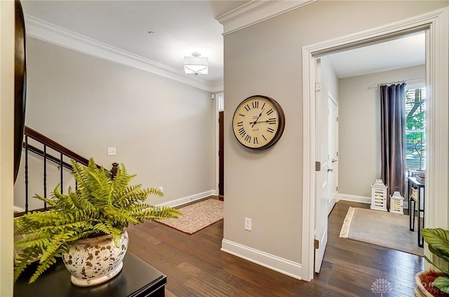 corridor featuring baseboards, wood finished floors, stairs, and ornamental molding