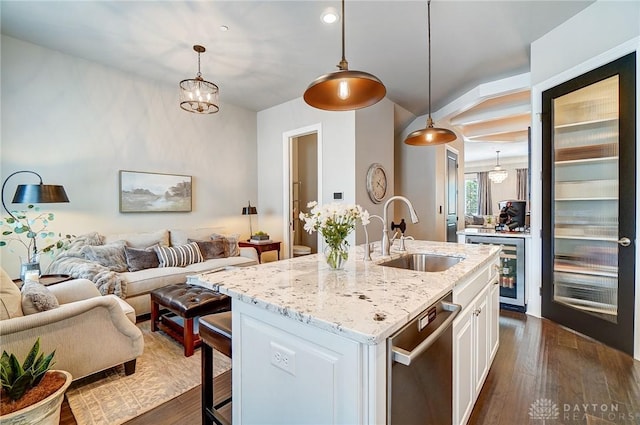 kitchen featuring a sink, wine cooler, stainless steel dishwasher, and dark wood-style flooring