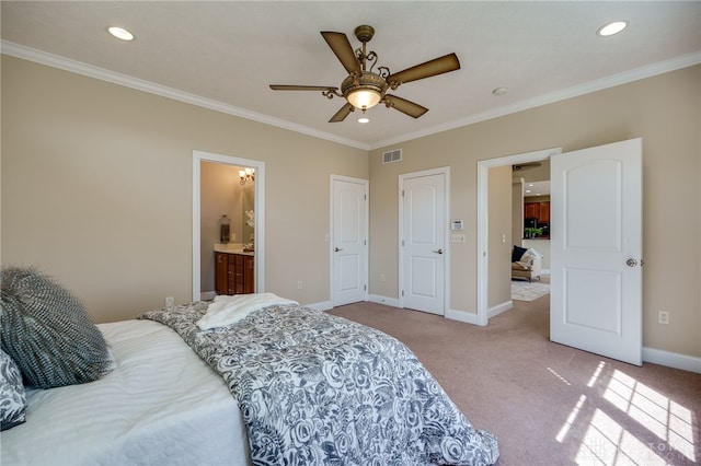 bedroom with visible vents, baseboards, crown molding, and carpet