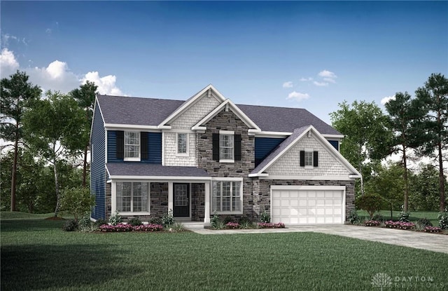 view of front of home with a shingled roof, a front yard, a garage, stone siding, and driveway