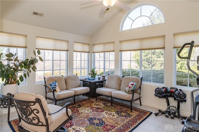 sunroom / solarium with visible vents, a ceiling fan, and vaulted ceiling