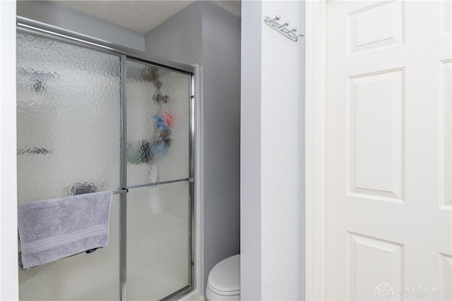 full bathroom featuring toilet and a shower stall