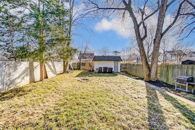 view of yard with an outdoor structure and a fenced backyard