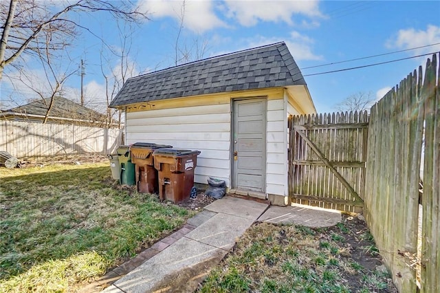 view of shed with a fenced backyard and a gate