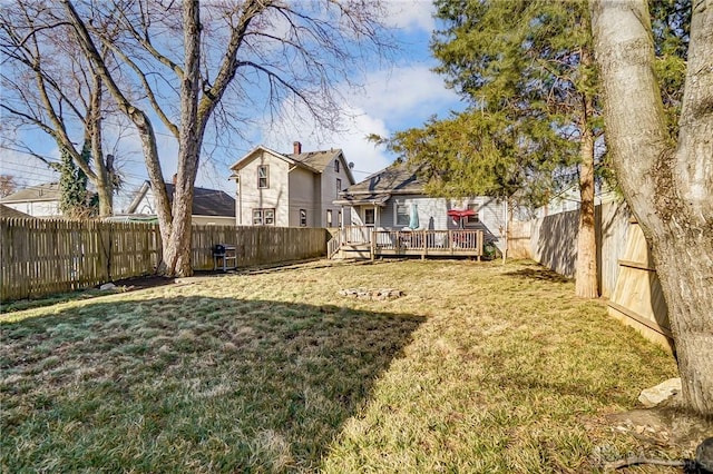 view of yard with a deck and a fenced backyard