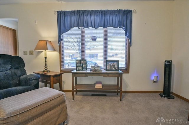 sitting room with baseboards and carpet flooring