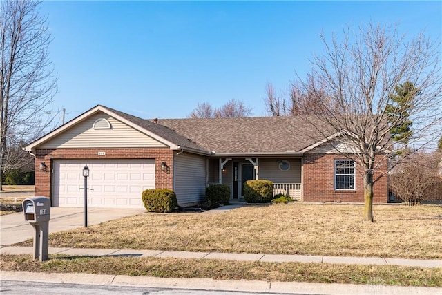 single story home featuring a front lawn, driveway, roof with shingles, an attached garage, and brick siding