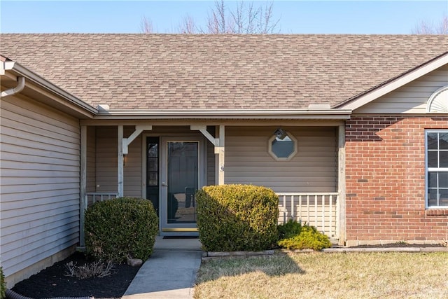 doorway to property featuring brick siding and roof with shingles