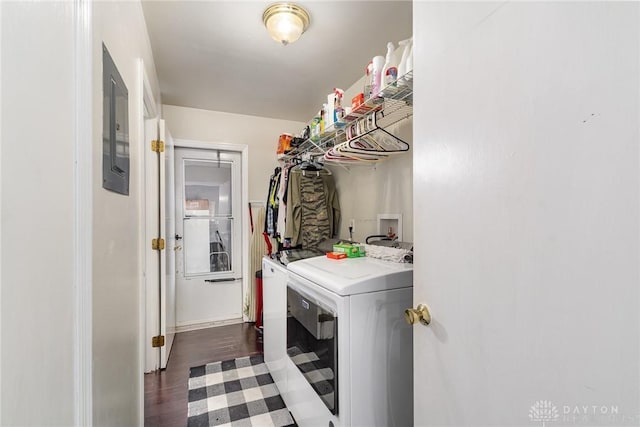 washroom featuring dark wood-type flooring, laundry area, and washer and clothes dryer