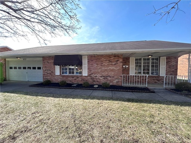 ranch-style home featuring brick siding, covered porch, a front lawn, and a garage