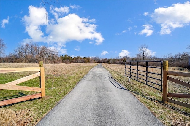 view of road with a rural view and a gate