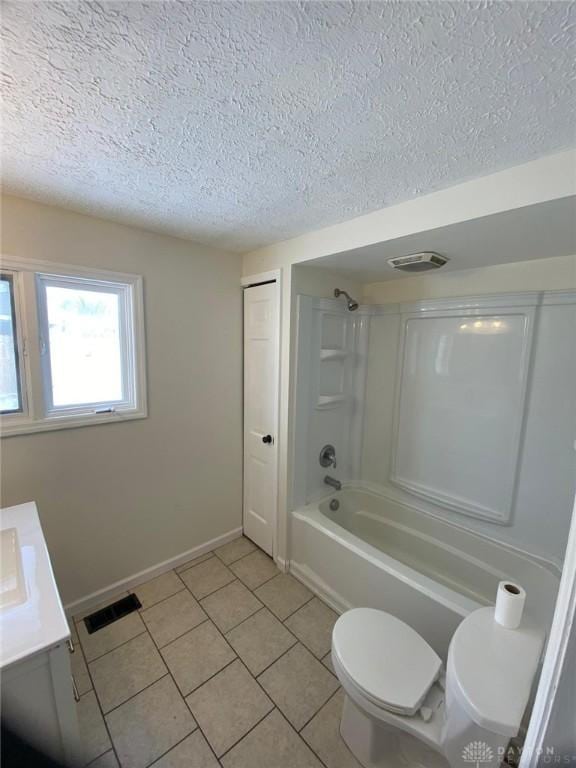 full bath featuring visible vents, toilet, shower / bathing tub combination, tile patterned flooring, and vanity