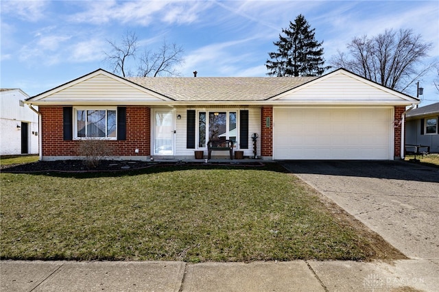 ranch-style house featuring a front lawn, driveway, roof with shingles, a garage, and brick siding