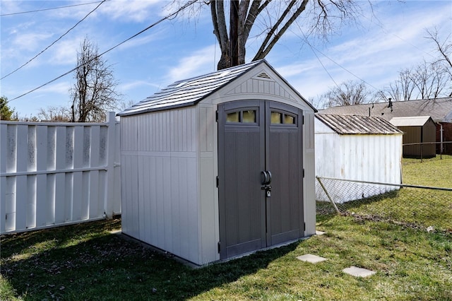 view of shed with a fenced backyard