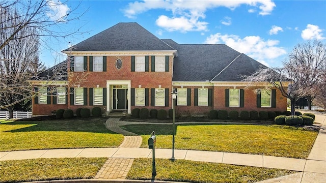 view of front of home with a front lawn, fence, brick siding, and a shingled roof