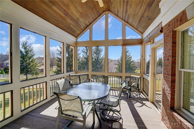 sunroom / solarium featuring lofted ceiling and wood ceiling