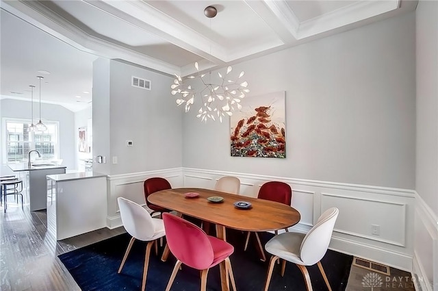 dining room featuring a wainscoted wall, beamed ceiling, dark wood-style floors, and visible vents