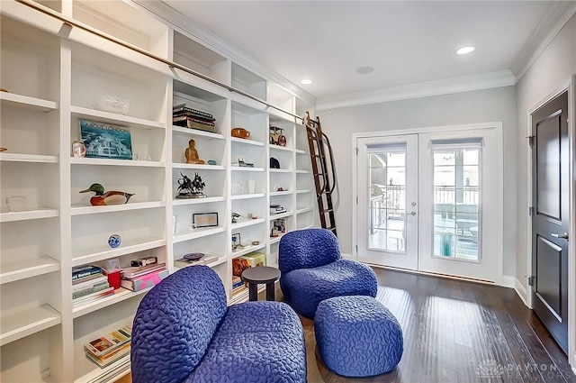 sitting room with recessed lighting, french doors, dark wood-type flooring, and ornamental molding