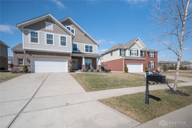 view of front of property with a garage, a front yard, brick siding, and driveway