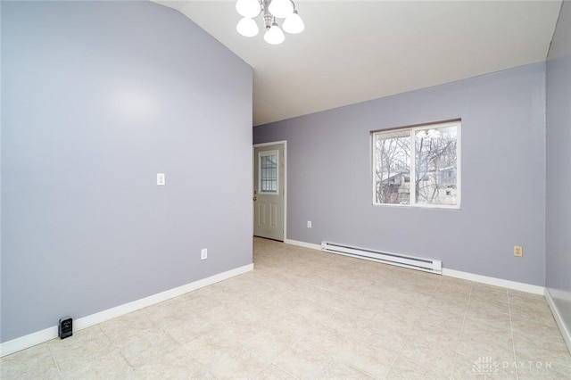 empty room with lofted ceiling, baseboards, baseboard heating, and a chandelier