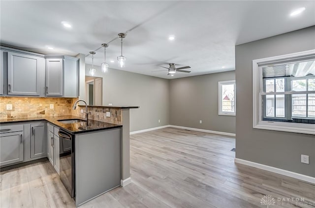 kitchen featuring gray cabinetry, decorative backsplash, light wood-style flooring, a peninsula, and a sink