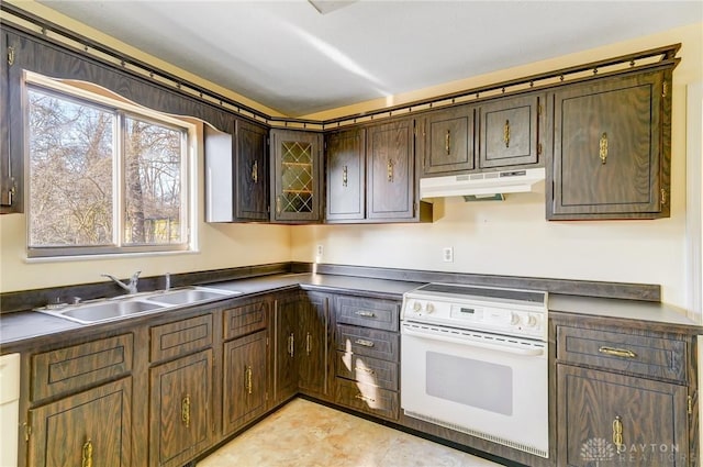 kitchen featuring under cabinet range hood, a sink, dark countertops, white range with electric stovetop, and dark brown cabinetry