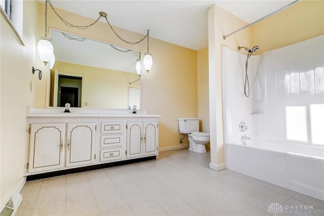 full bath with visible vents, baseboards, toilet, double vanity, and bathtub / shower combination