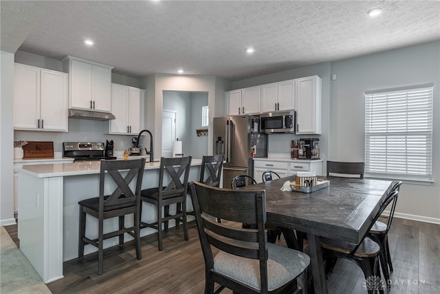 kitchen with dark wood-type flooring, under cabinet range hood, an island with sink, light countertops, and appliances with stainless steel finishes