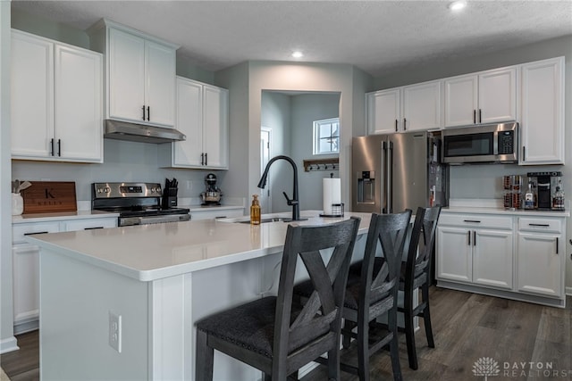 kitchen featuring dark wood-style floors, an island with sink, a sink, under cabinet range hood, and appliances with stainless steel finishes