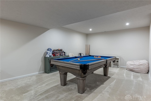 playroom featuring light carpet, recessed lighting, and baseboards