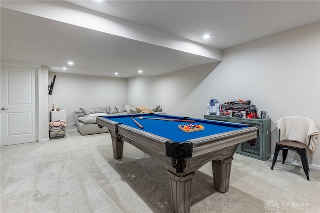 recreation room with billiards, recessed lighting, baseboards, and light carpet