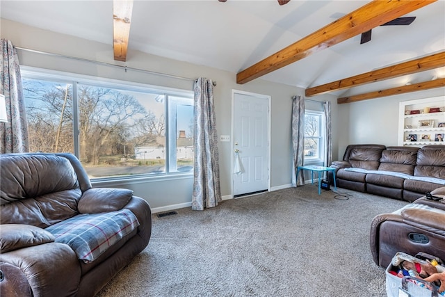 living room with visible vents, baseboards, carpet, and vaulted ceiling with beams