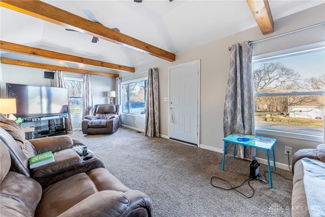 living room with baseboards, carpet, and vaulted ceiling with beams