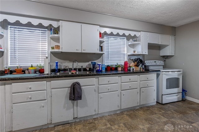 kitchen featuring white electric range oven, open shelves, a sink, white cabinets, and a textured ceiling