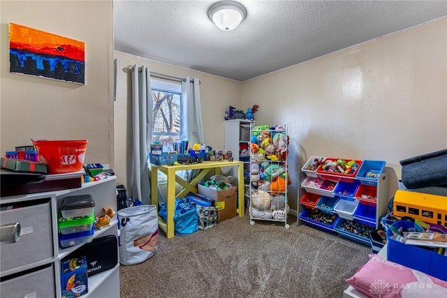 recreation room with carpet floors and a textured ceiling