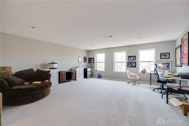 interior space featuring carpet flooring, baseboards, and a textured ceiling