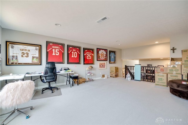 office area featuring carpet flooring, recessed lighting, baseboards, and visible vents