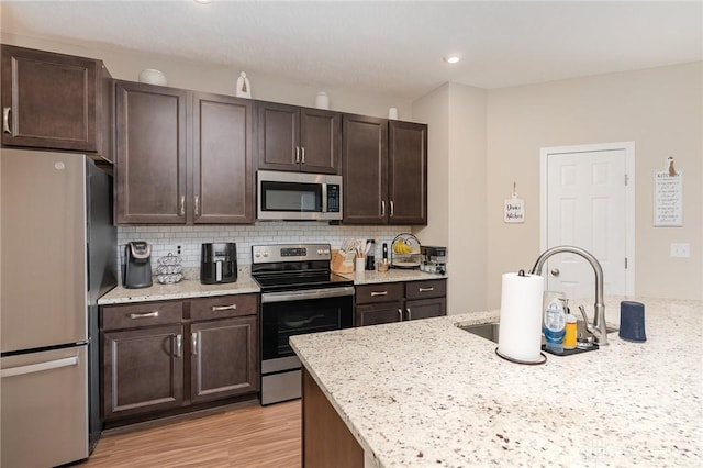 kitchen with a sink, stainless steel appliances, light wood-type flooring, and tasteful backsplash