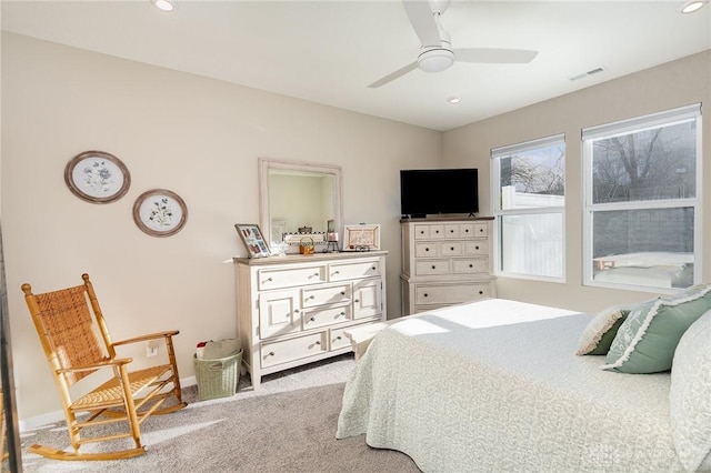 bedroom featuring visible vents, recessed lighting, carpet, baseboards, and ceiling fan